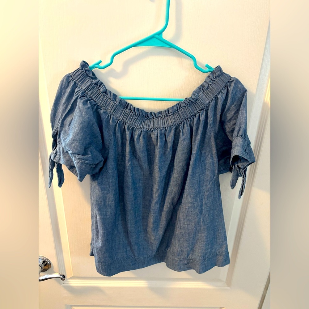 Jcrew chambray denim blouse 12 off shoulder bow